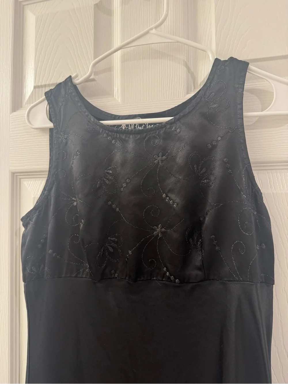 VTG 90s All That Jazz Black Liquid Satin Embroidered Bodice Maxi Dress S 11/12 - Picture 2 of 4